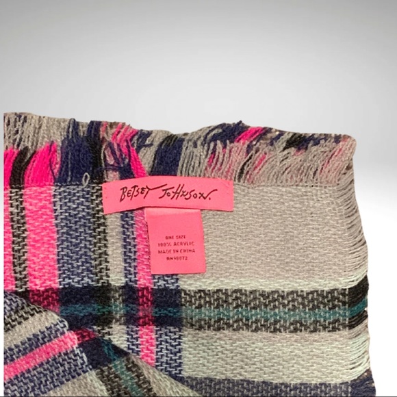 Betsey Johnson Large Multicolor Plaid Embellished Scarf with Fringe Border 76x30 - Picture 8 of 8